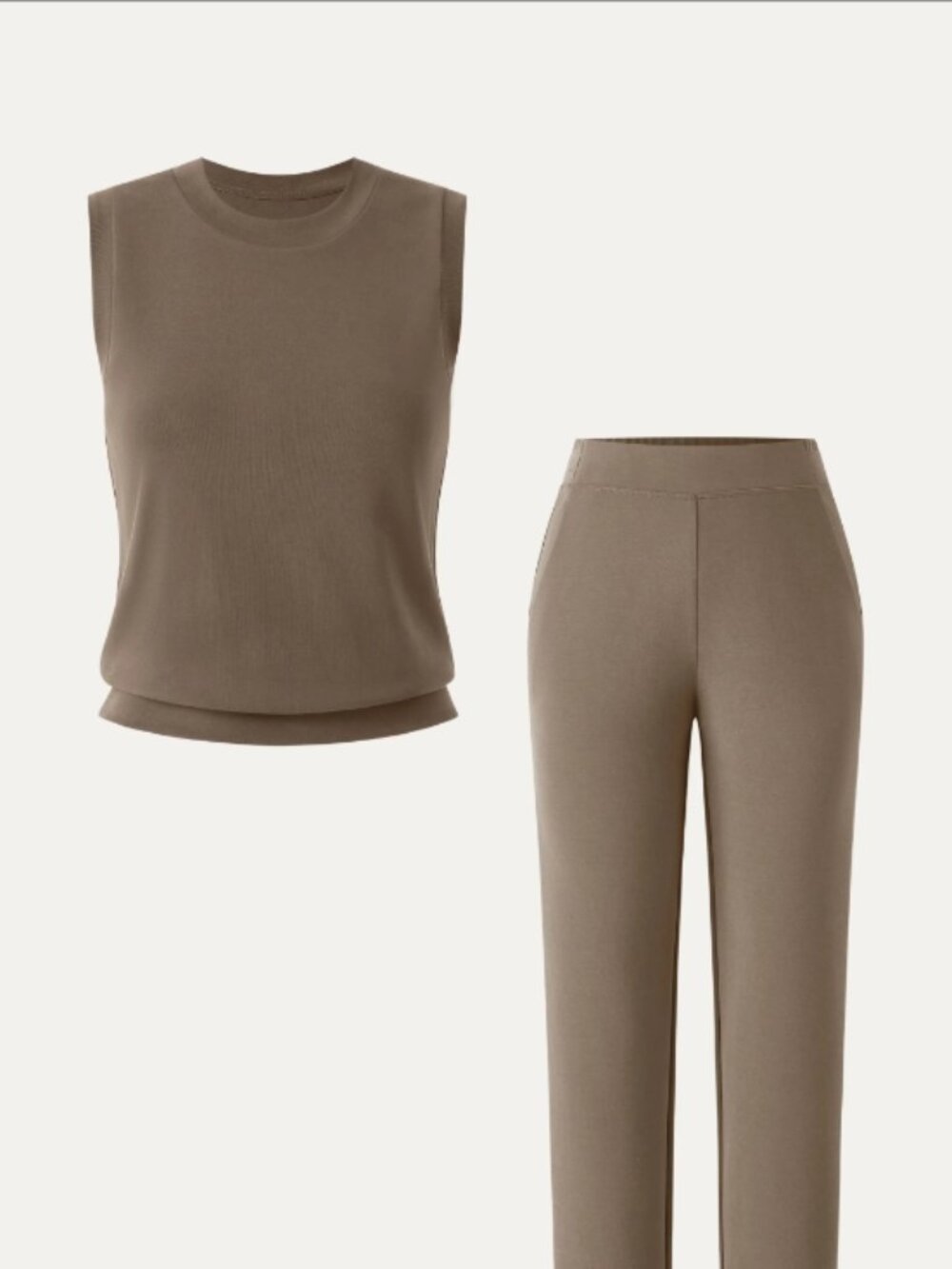 2Pcs Set Crewneck Tee & Mid Rise Tapered with Pockets - Tan